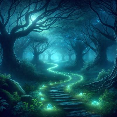 The primary subject of the image is a pathway in a forest, surrounded by trees and illuminated by a blue light. The setting is a dark forest with a magical atmosphere. The visual style is a digital art or illustration, creating a surreal and enchanting scene. The colors and mood are predominantly blue, with a hint of green, giving the image a serene and mystical quality.